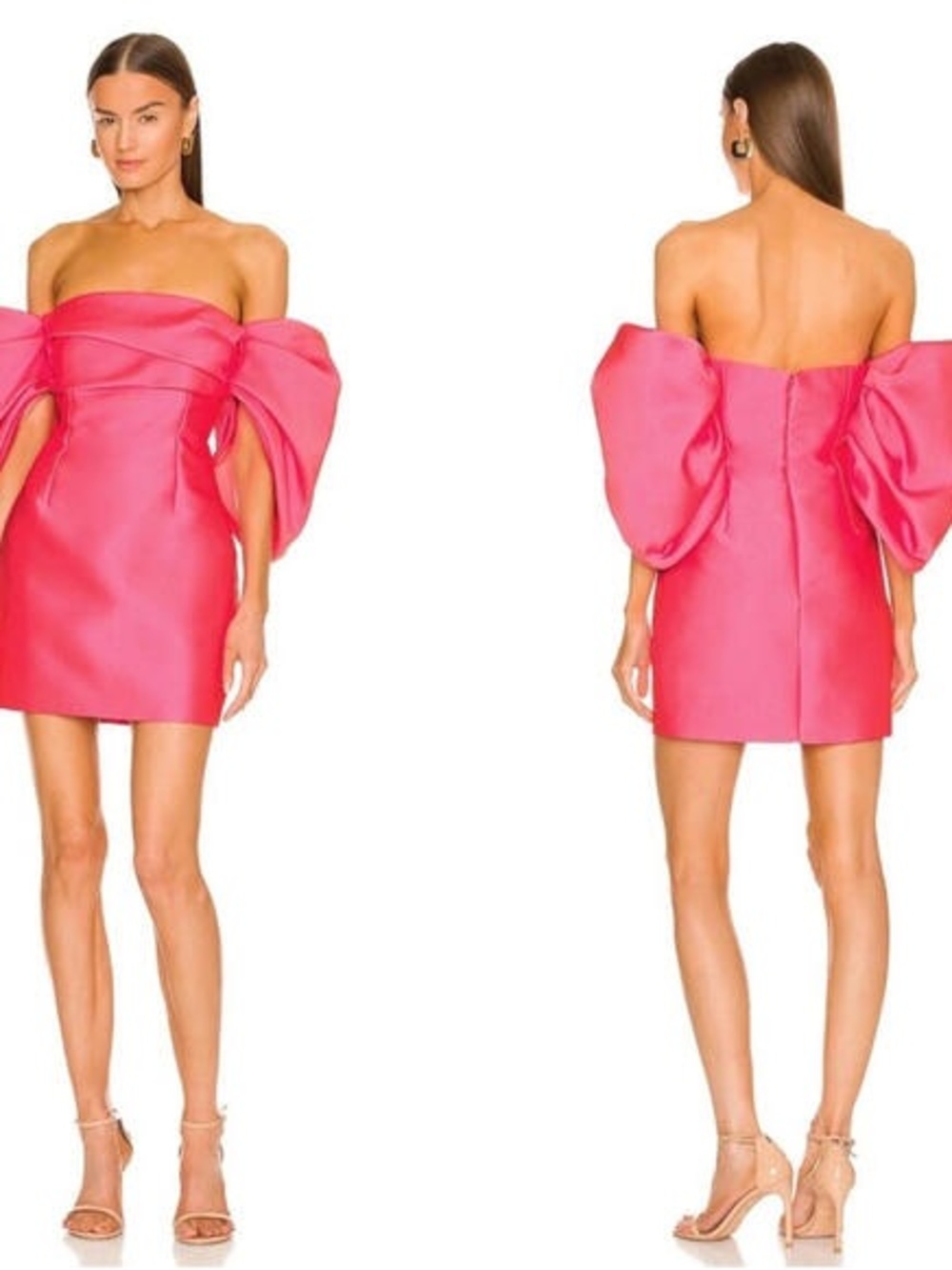 Luxxel Strapless Hot Pink Mini Dress with Dramatic Puff Sleeves